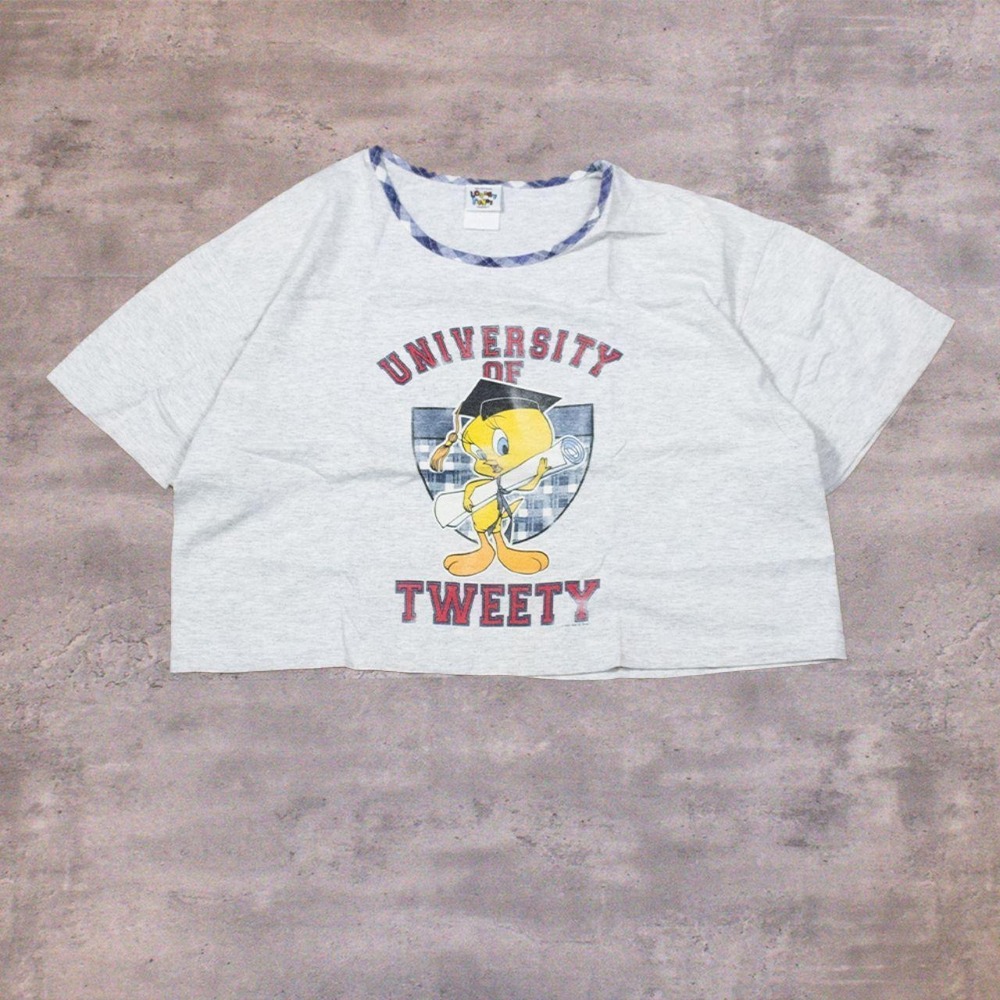 Tweety University Cropped Boxy Double Stitch Baby Tee Top T-Shirt